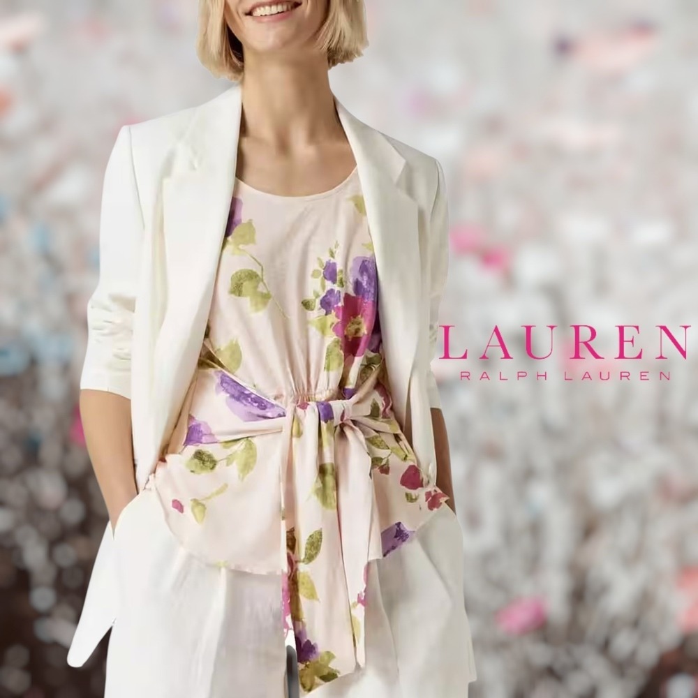 Lauren Ralph Lauren Womens Floral Linen Blend Wrap Top Pink XS